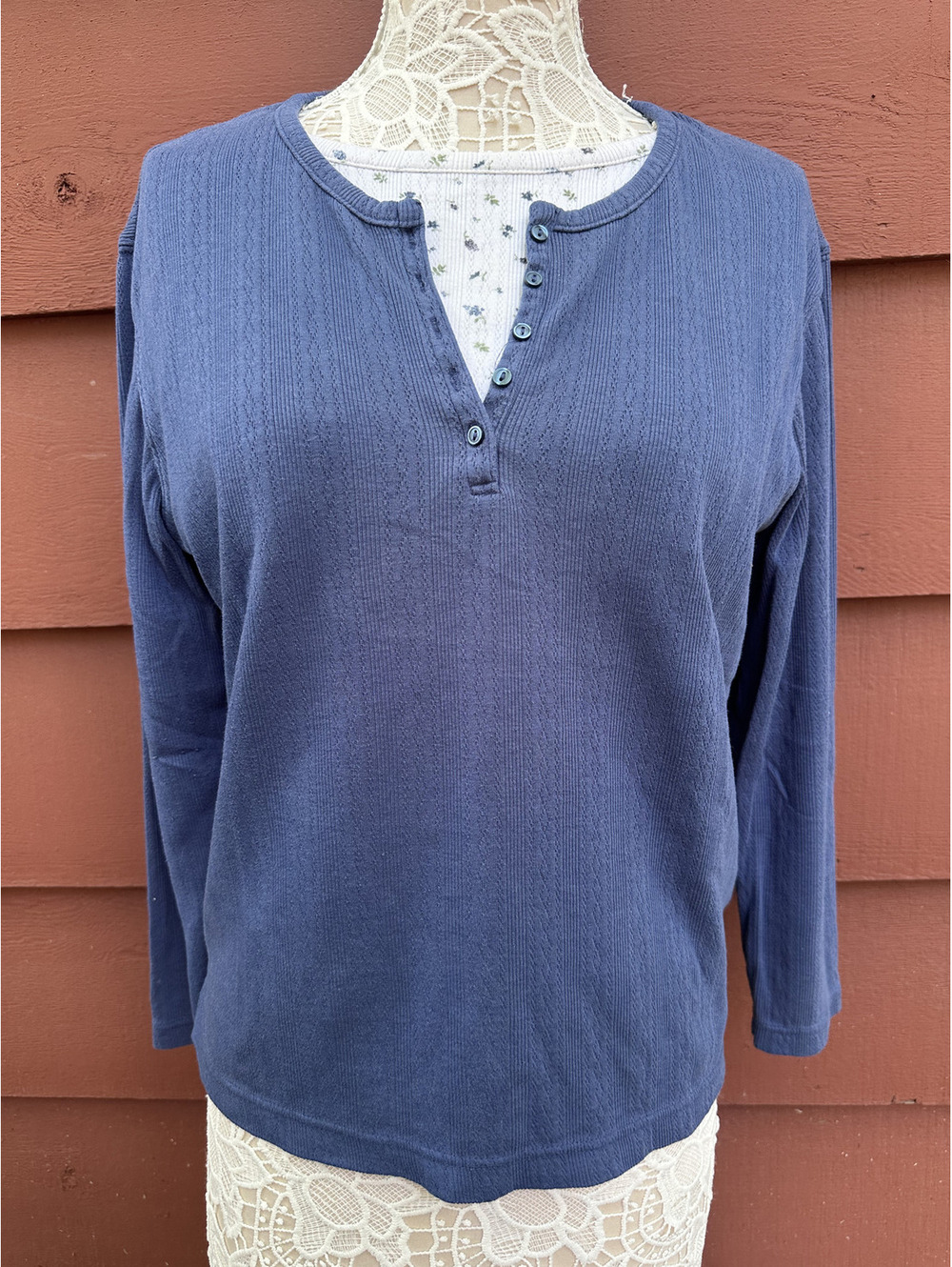 Bobbie Brooks Cozy Blue Long Sleeve Thermal Shirt with Button Neckline